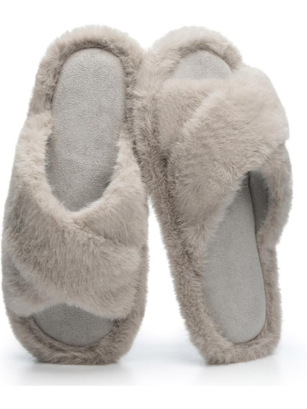 Women's Grey Open Toe Fuzzy Fur Cross Band Memory Foam Indoor Slippers